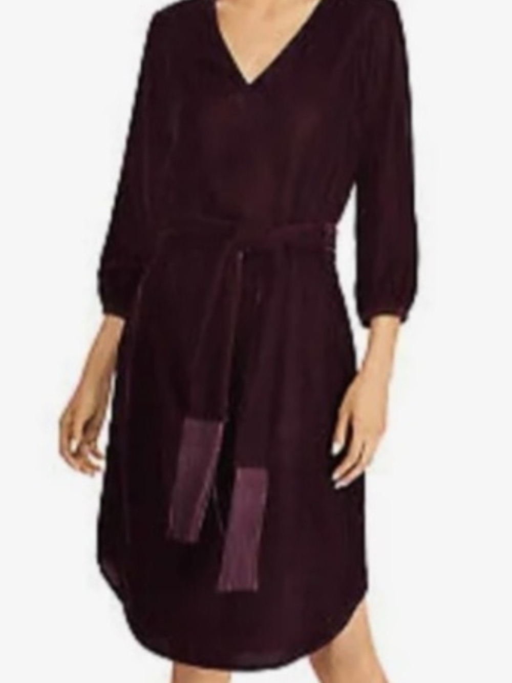 Ralph Lauren V-Neck Belted Midi Dress in Deep Plum